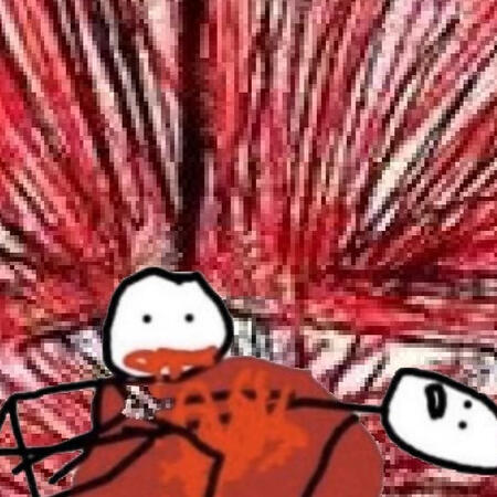 drawing of a stick figure tearing another stick figure apart with its teeth. the room is covered in blood