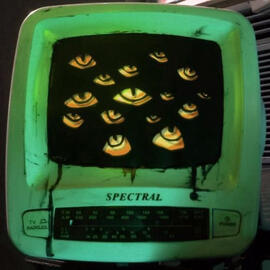 a retro styled computer with stylised eyes on the screen. the picture has a green overlay